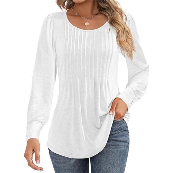 Women's Puff Sleeve Tunic Top Pleated Crew Neck Blouse Dressy